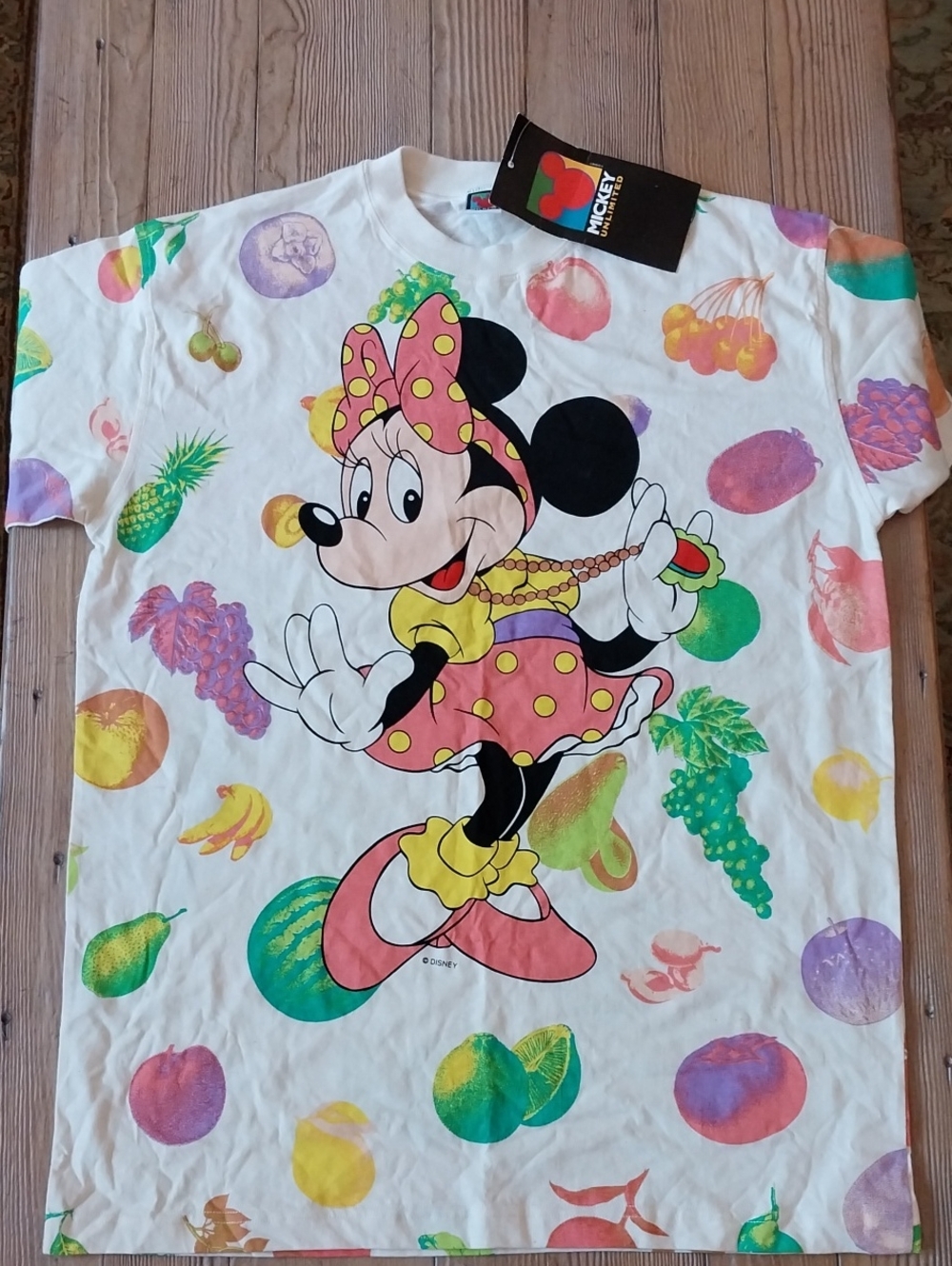 Vintage Disney Minnie Mouse Fruit Print Tee - White with Pink and Yellow